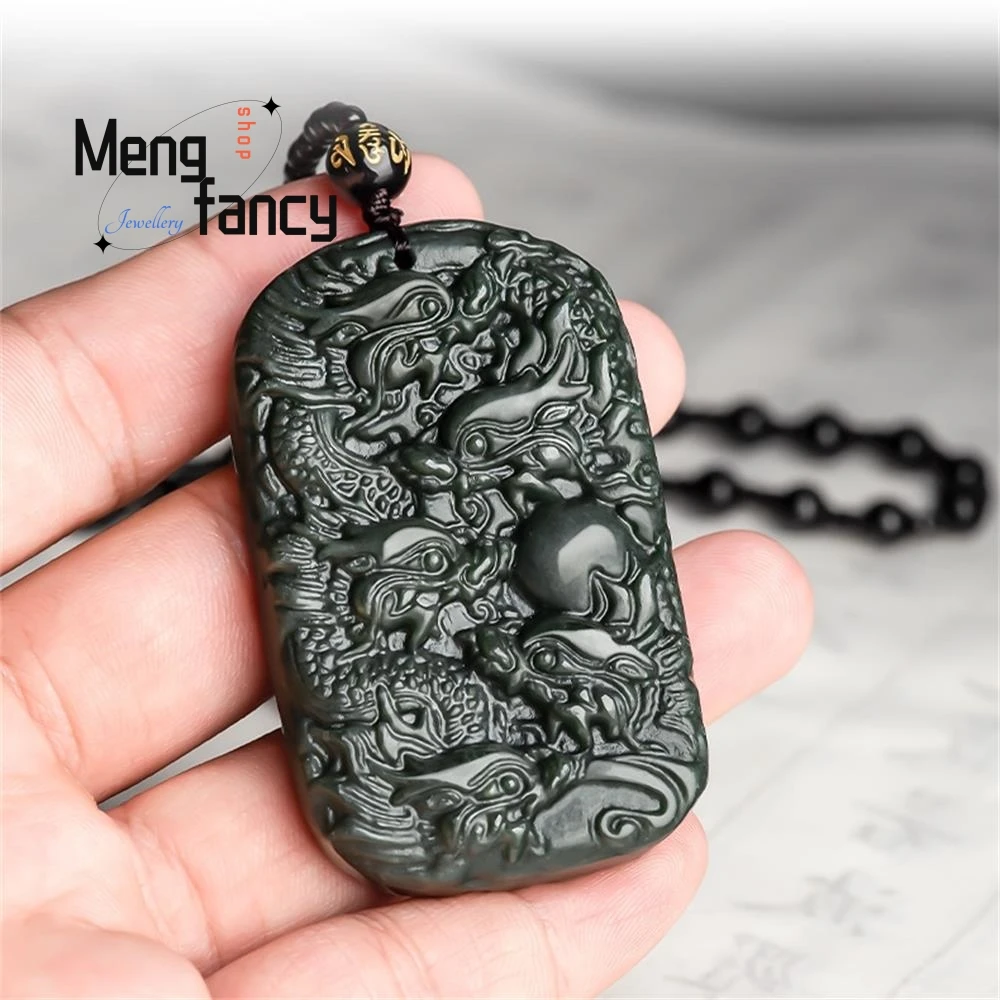 المواد الطبيعية القديمة Hetian الأخضر اليشم الهيجمونيك زودياك تسعة التنين حماية الرب قلادة رائعة موضة غرامة مجوهرات #5
