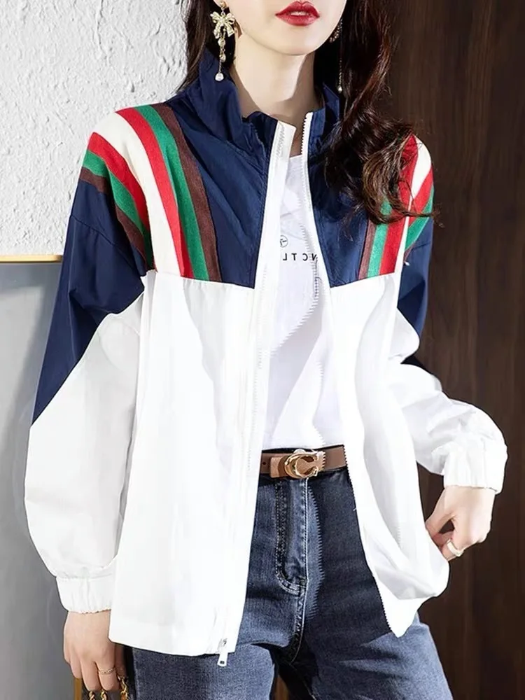 

Slimming Splice Baseball Jacket Women's Summer New Loose Casual Sun Protection Outerwear Thin Style Commute Fashion Zipper