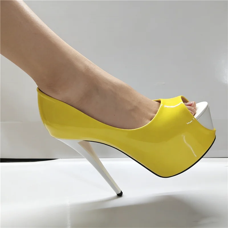

19cm Super High Heel Peep Toe Platform Pumps Women Fashion Candy Colored Patent Leather Stiletto Heels for Party & Nightclub