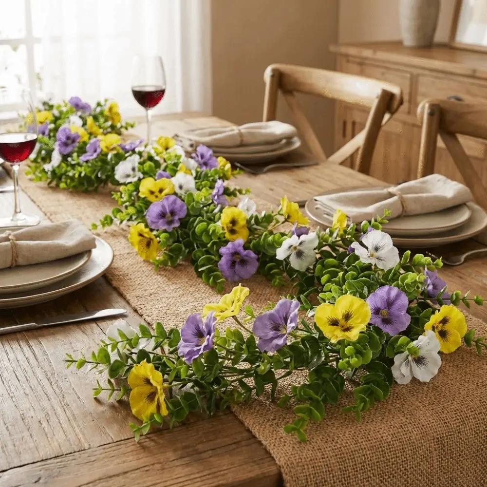 

UV Resistant Artificial Pansy Vines Hanging Flower Wreath Flexible Eucalyptus Leaf Garland Plastic Realistic Fake Flower Vines