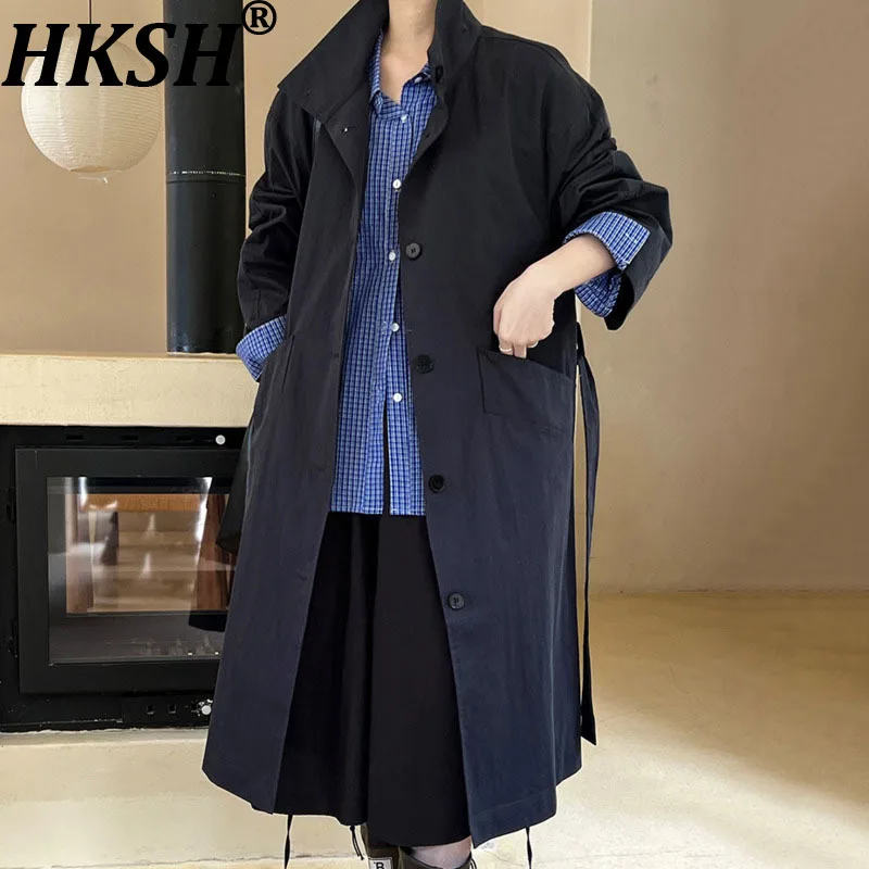

HKSH Spring Autumn New Women Long Trench Coat Stand Collar Single Breasted High Street Windbreaker Elegant Trendy Jacket HK11596