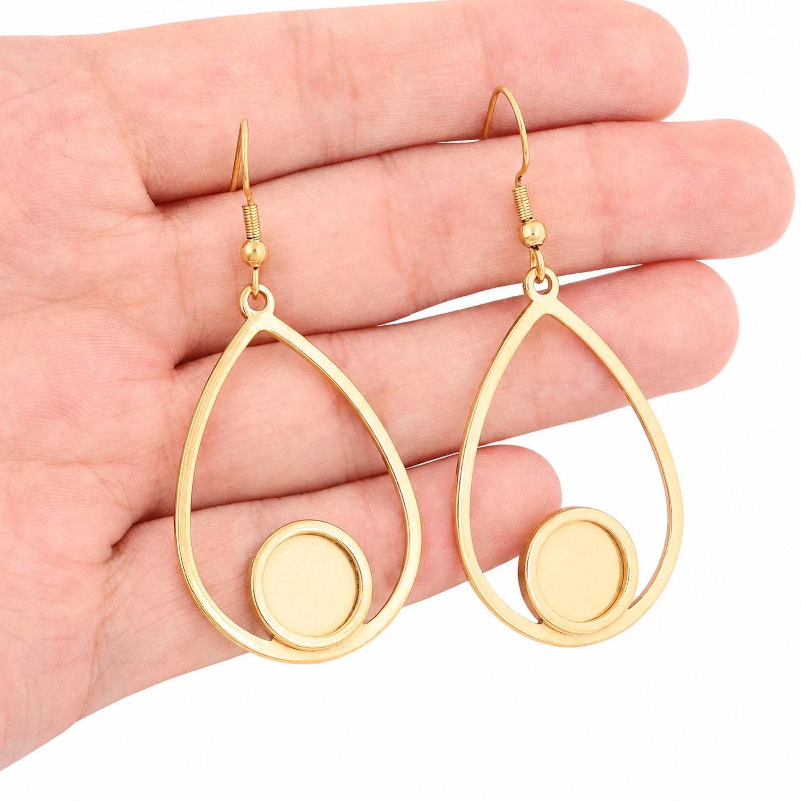 Image of 6 Stück Edelstahl vergoldete Tropfenrahmen-Ohrringrohlinge passend für 10mm runde Cabochon-Ohrringe Fassungen DIY-Zubehör