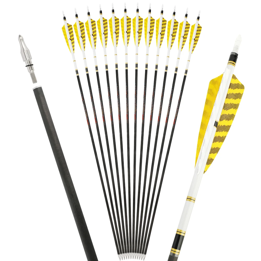 6/12pcs Archery Pure Carbon Arrow 31 Inch SP250-600 ID6.2mm Arrow for Outdoor Archery Bow Hunting Shooting Training Accessories