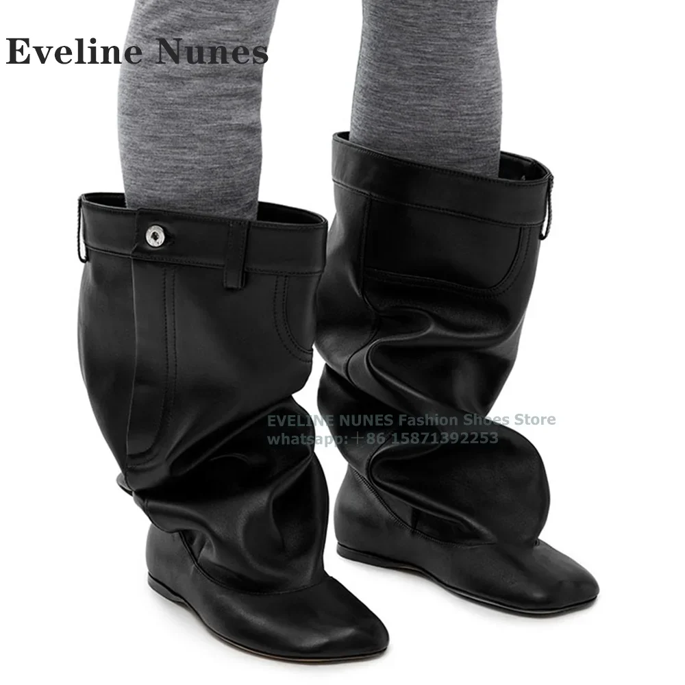Women Mid-Calf Boot Patchwork Winter Shoes 2025 Trend Square Toe Wedges Black Trouser Boots Button Decor Solid Plus Size Slip On