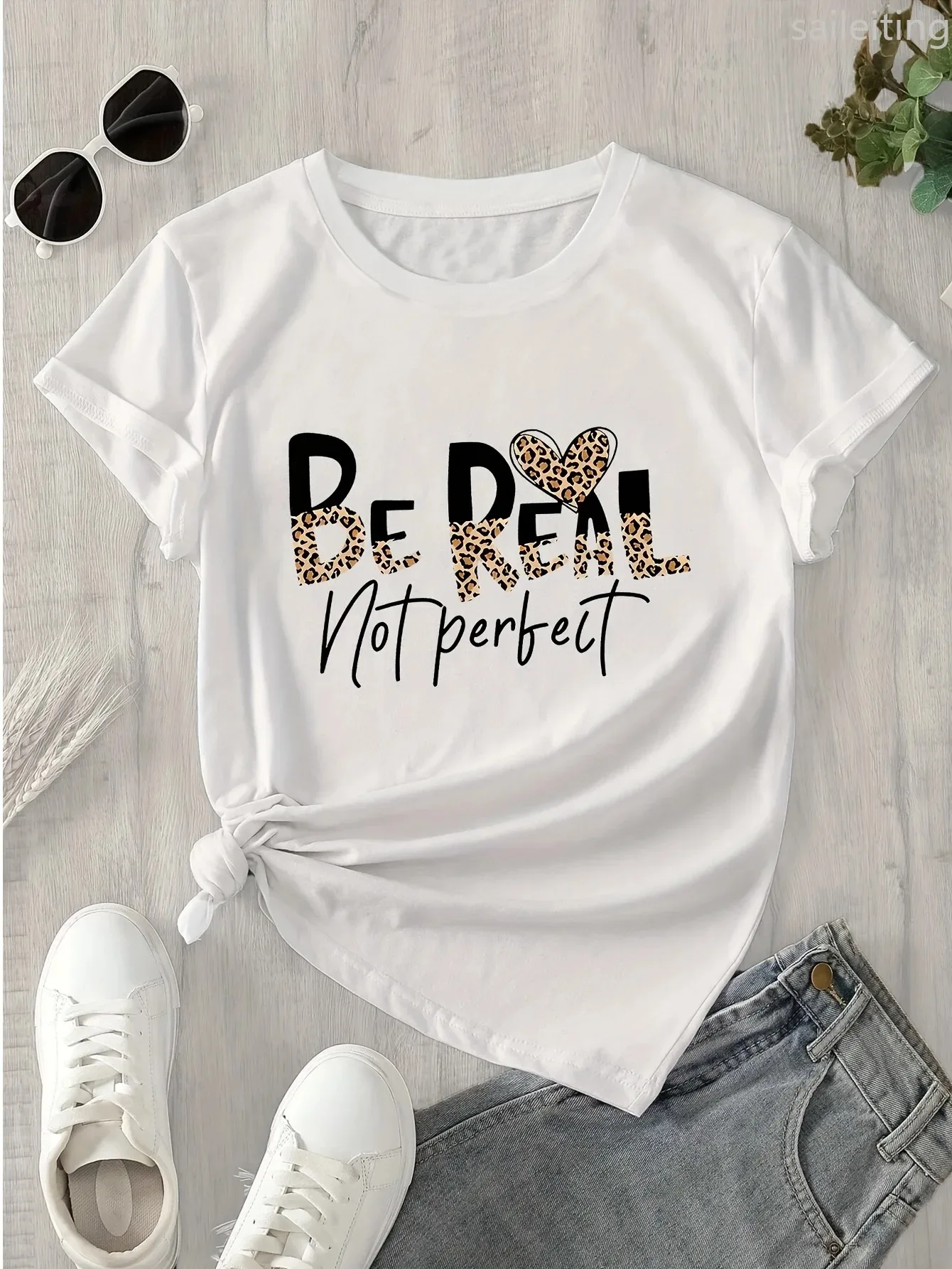 Women's T-shirt Motivational Casual 'Be Real, No Perfect' T-Shirt For Women, Short-Sleeve Casual T-shirt For Everyday Use Tops