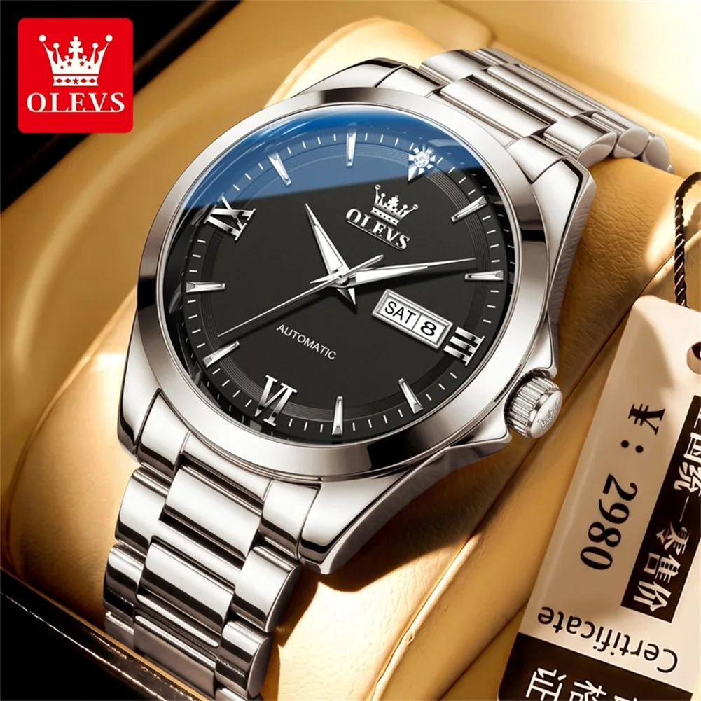 OLEVS 7099 Classic Mechanical Movement Men Watch Calendar Window Week Date Steel Bracelet Luminous 30M Waterproof Watch