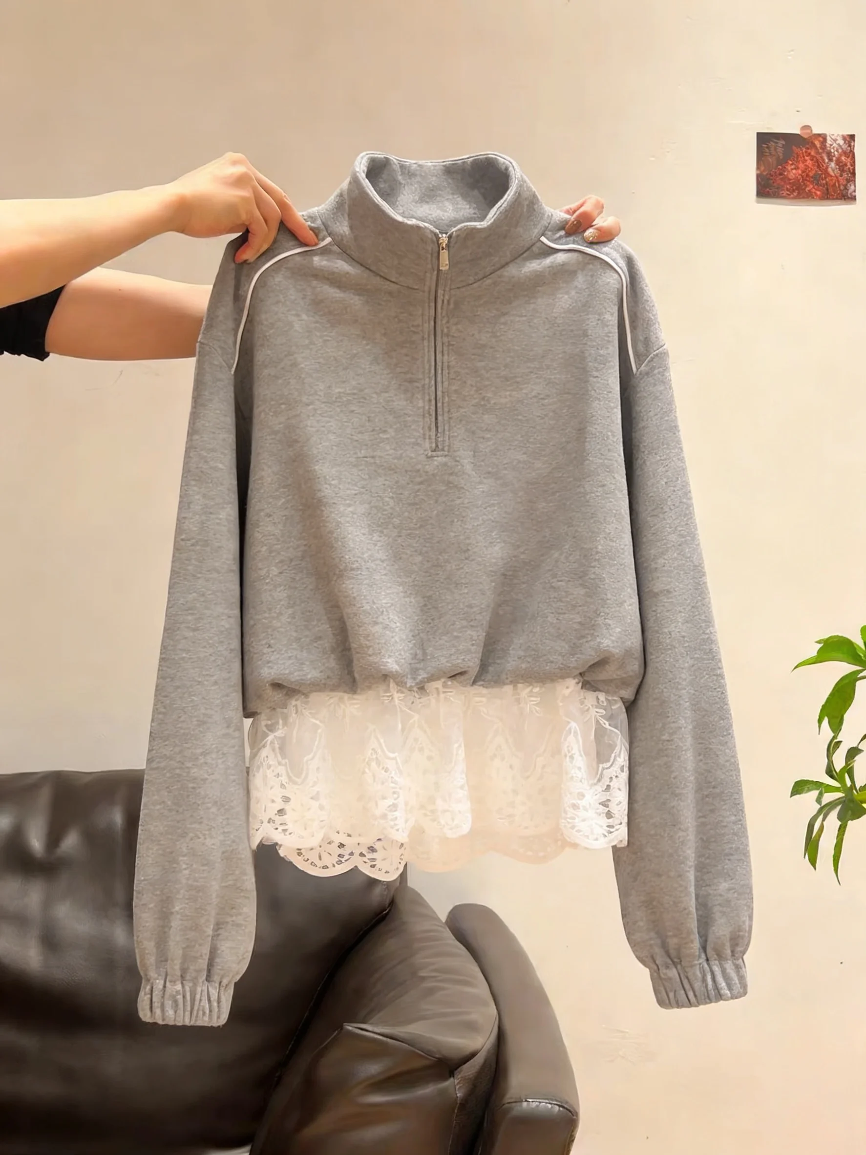 

ay Zipper Splice Lace Trim Casual Long Sve Stand Collar Sweatirt Women's Spring Autumn Design Sense Leisure Top