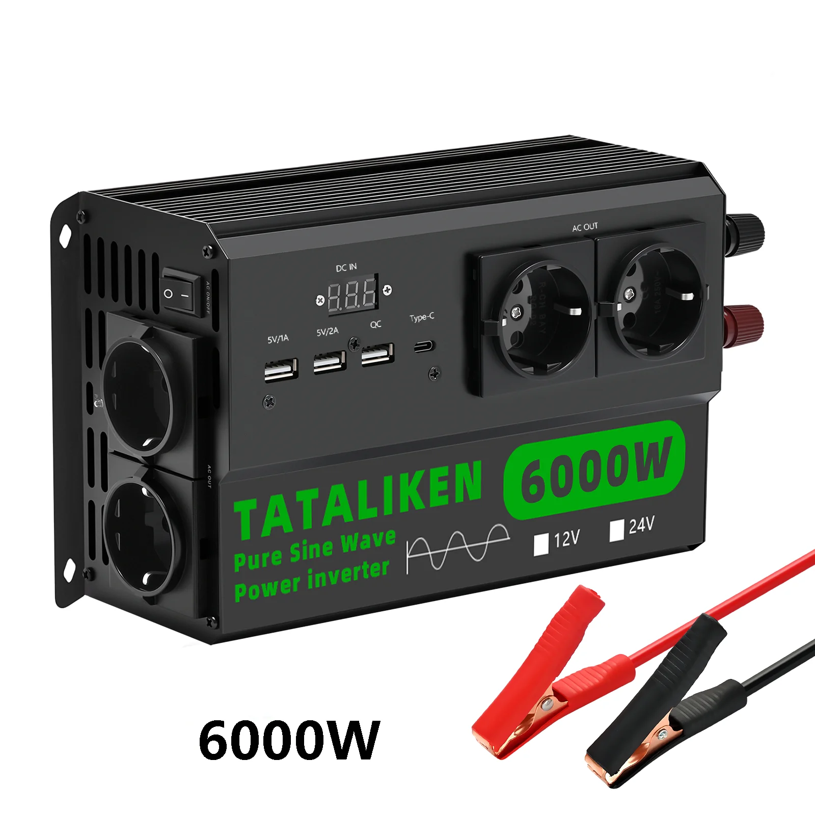 5000W Hochleistungs-Reiner-Sinus-Wechselrichter DC zu AC 220V 50Hz, 4 EU-Steckdosen, Digitales LCD-Display, Thermostatgesteuerter Lüfter für LKW