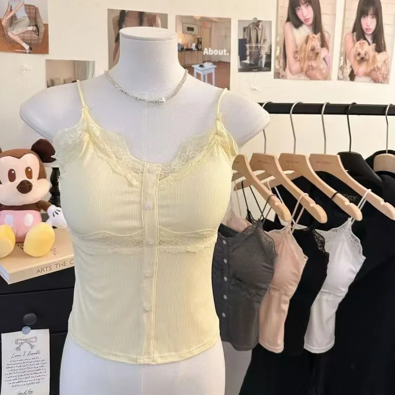 V-neck Solid Color Womans Tank Top Lace Cardigan Tie Straps Camisole Girl Built-in Fixed Cup Lady Tank Top Padding Alone Layered