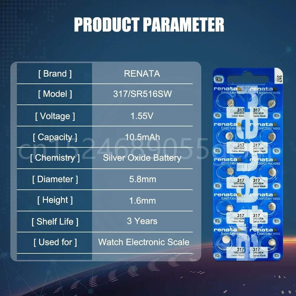 Original Renata 317 SR516SW D317 V317 SR62 1.55V Silver Oxide Watch Battery for Scale Watch Swiss Made Button Coin Cell