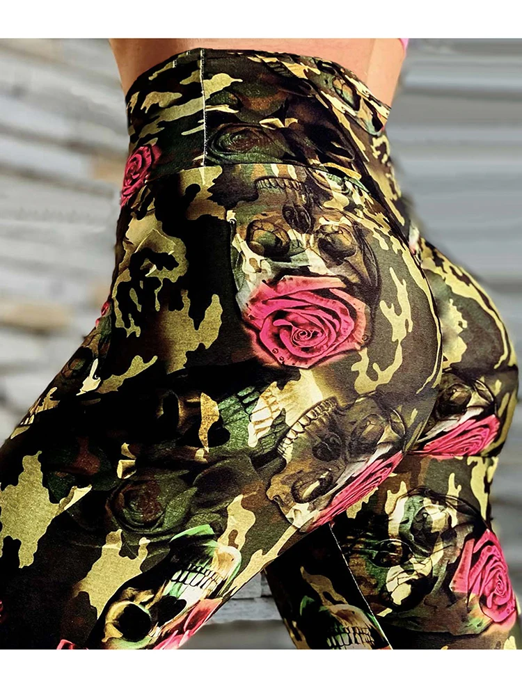 

Fashion New Design Rose Flower Skull Printed Leggings Women Pants High Waist Tights Elastic Sports Jeggings