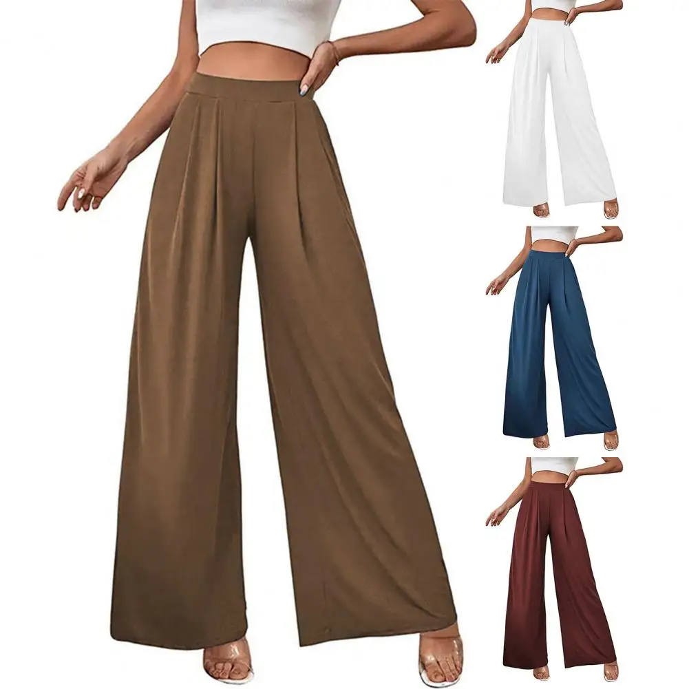 

High Waist Elastic Waistband Slant Pockets Solid Color Woman Pants Straight Wide Leg Draped Office Suit Trousers Female Clothing