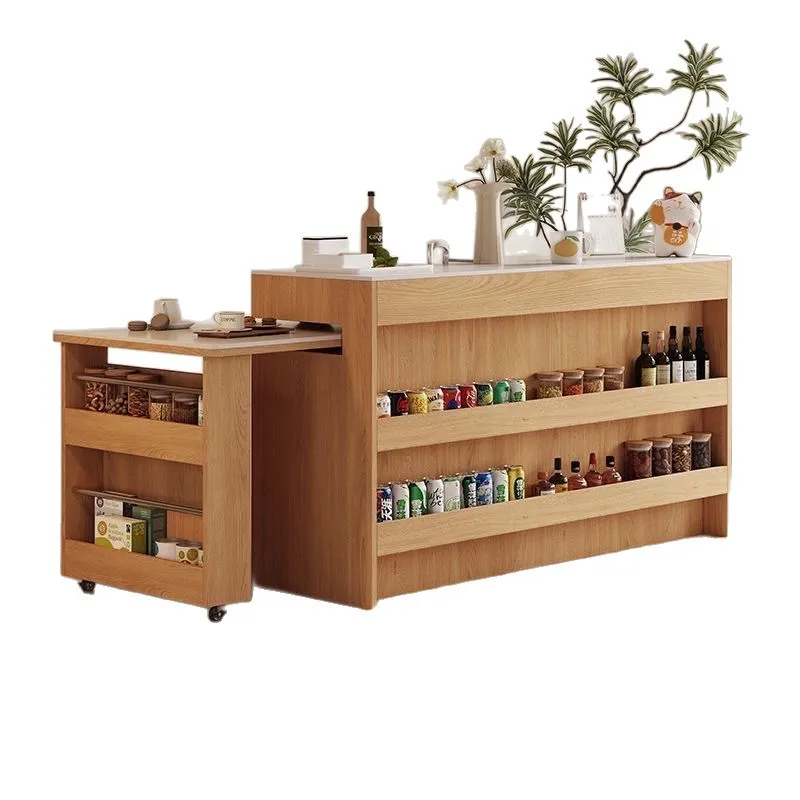 

Solid wood island retractable dining table integrated household log cream wind rock slab rotating multi-functional bar table