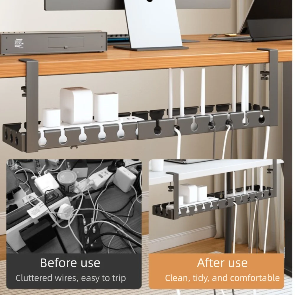Extendable Under Desk Cable Management Tray No Drilling Sturdy Cable Tray Wire Organizer Adjustable Clamps Cord Hider Raceway