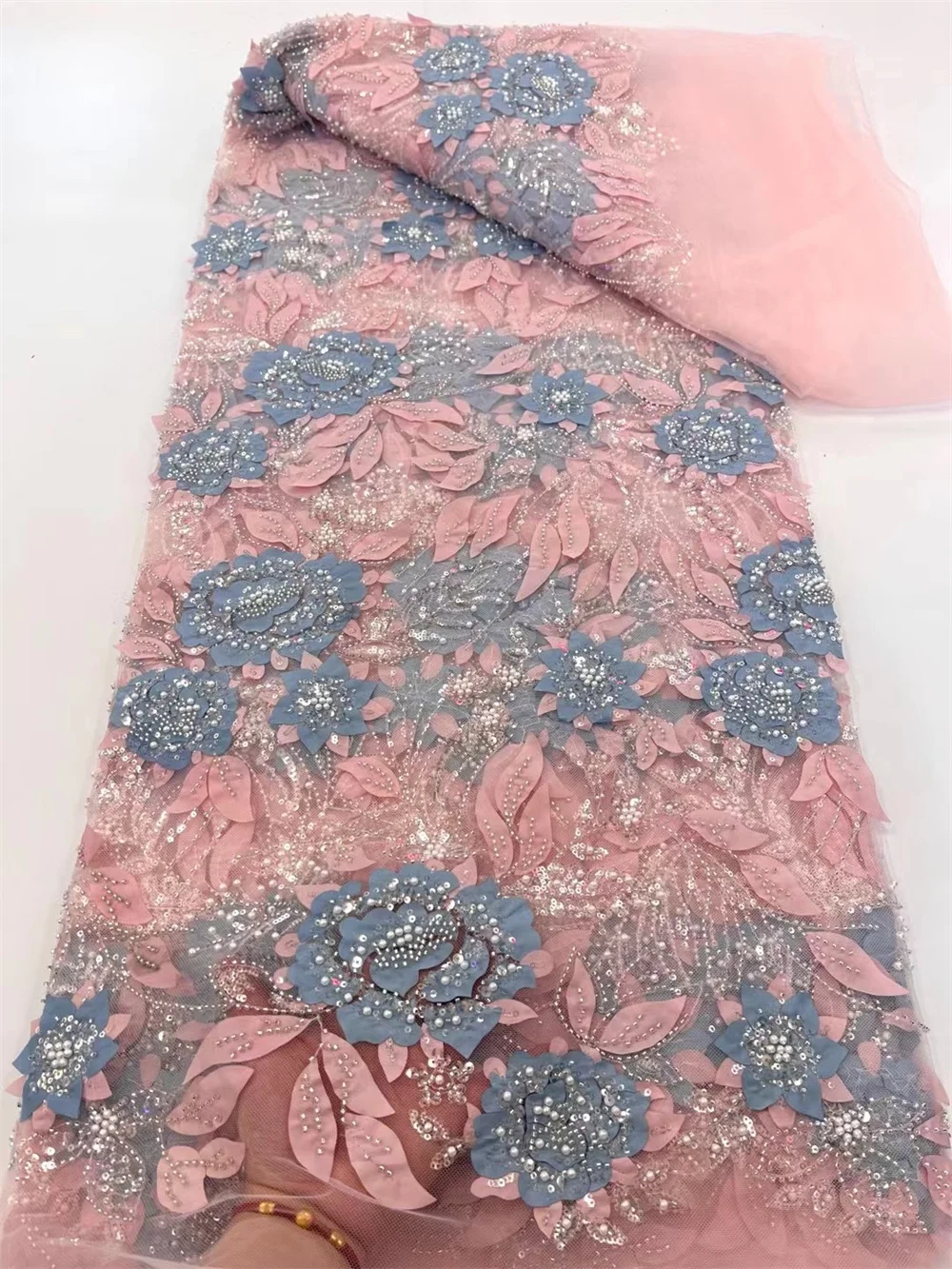 Luxury African Beads Lace Fabric 5 Yards High Quality 2025 Latest Elegant Flower Embroidery Tulle Lace Fabric For Wedding A953-1