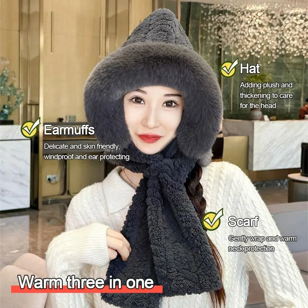 

Fashion Plush Winter Integrated Cap Scarf Warm Windproof Ear Protection Hat Thickened Casual Scarf Set Hooded for Women