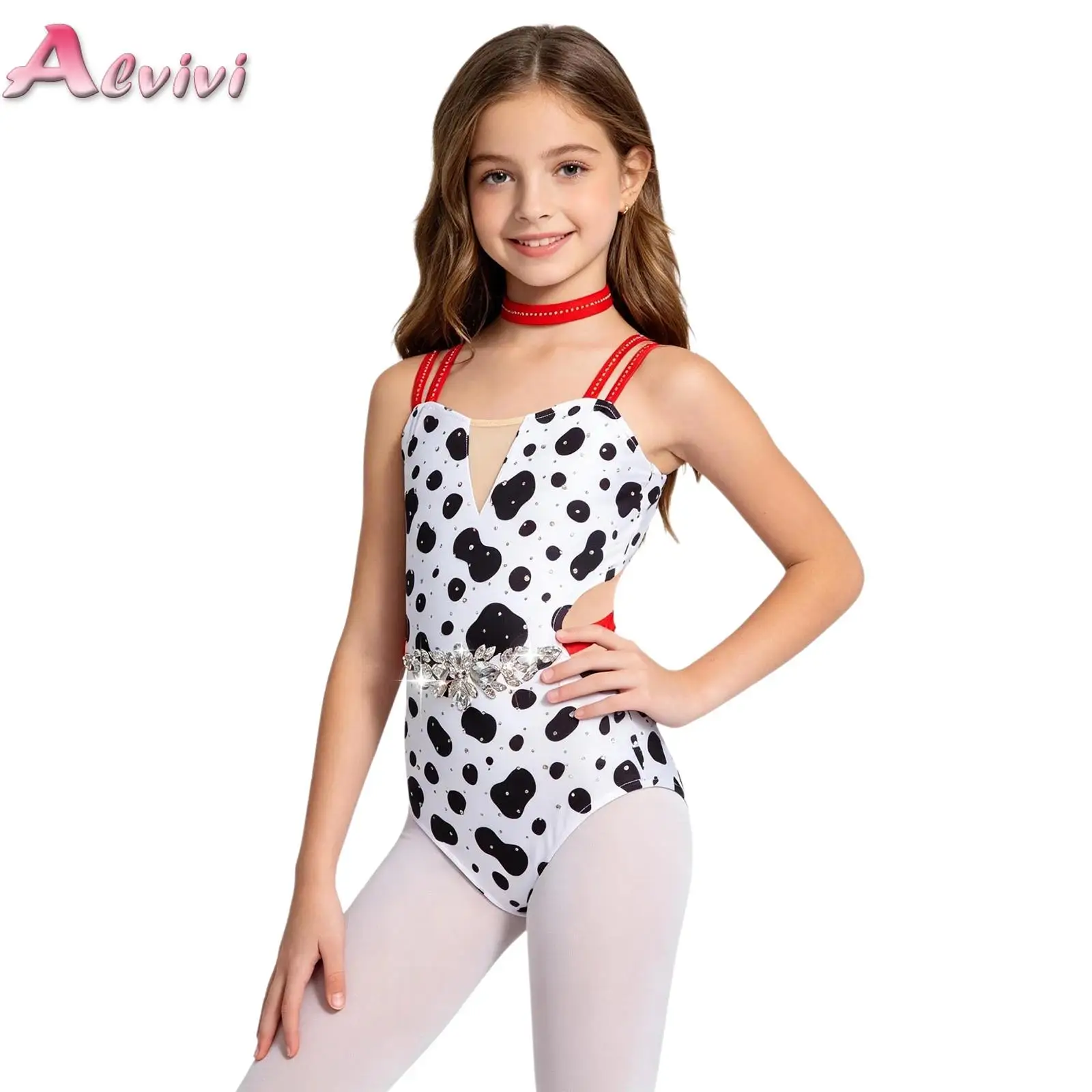 

Kids Girls Printed Gymnastics Ballet Leotards Dance Performance Costume Rhinestones Jumpsuit with Necklace Dalmatian Clothes