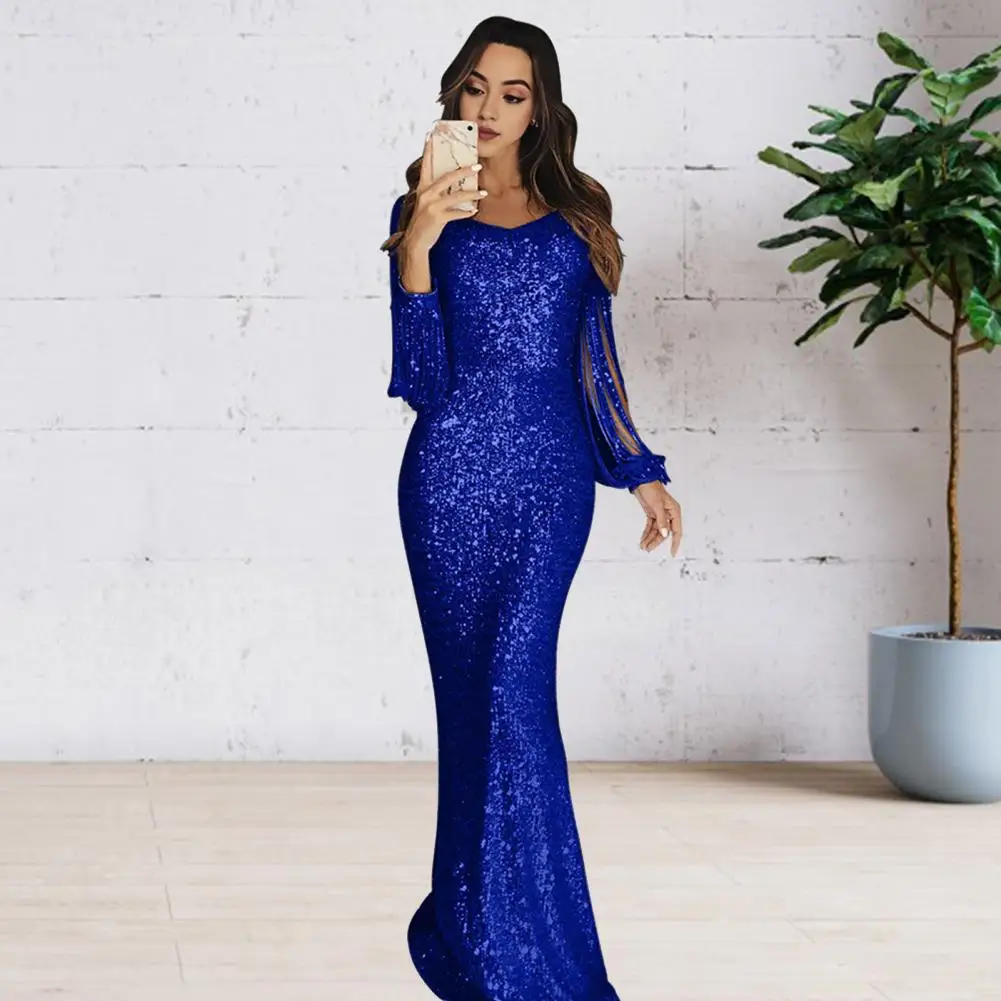 

Solid Color Dress Elegant Sequin Fishtail Evening Dress with Tassel Sleeves for Women V Neck Sheath Slim Fit Prom for Cocktail