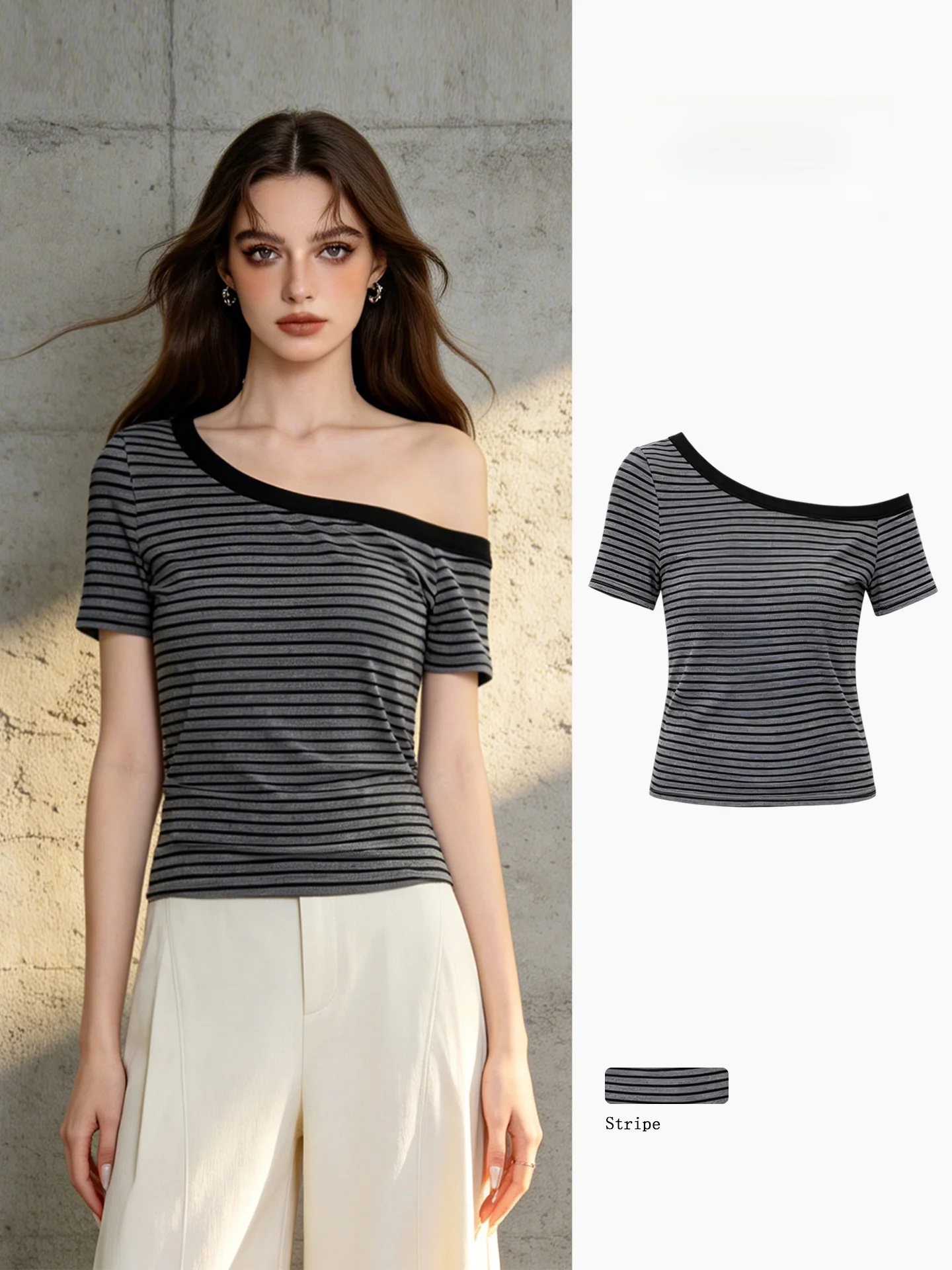 Slim Fit Stripe Shoulder Bared Short Sleeve T Shirt Women Summer Casual Style High Waist Design American Top Fashion Sensation