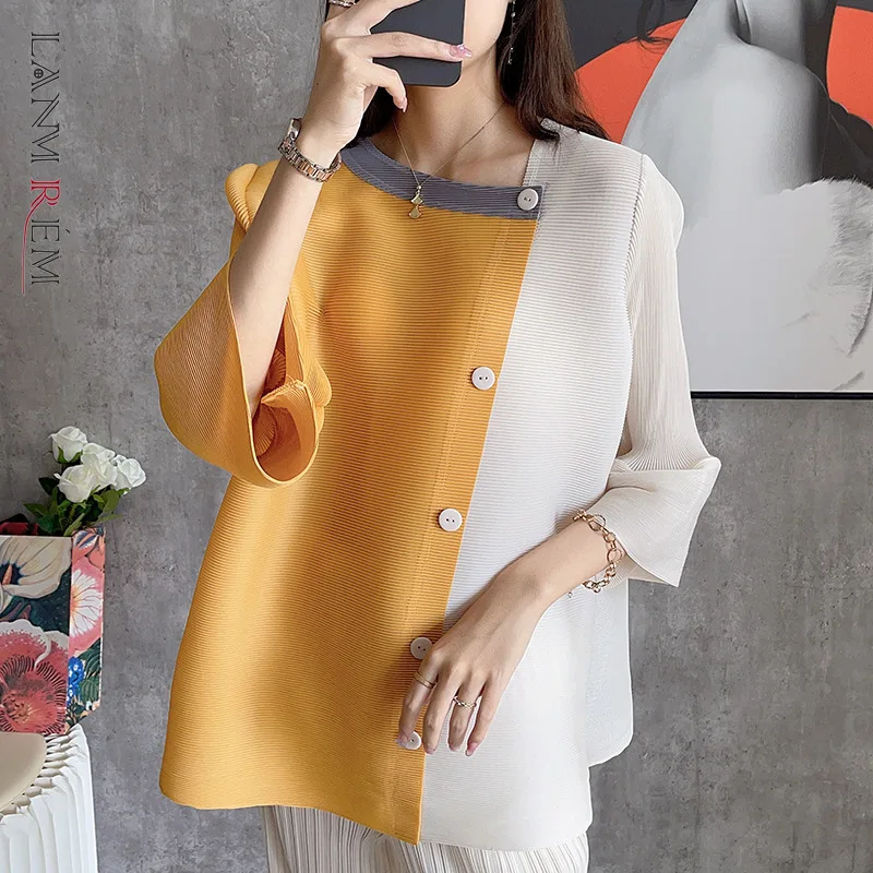 LANMREM Fold Stitching Irregular Shirts 2024 New Women's Loose Color Block Fashion Top Women's Lantern Sleeve Shirts 2C393