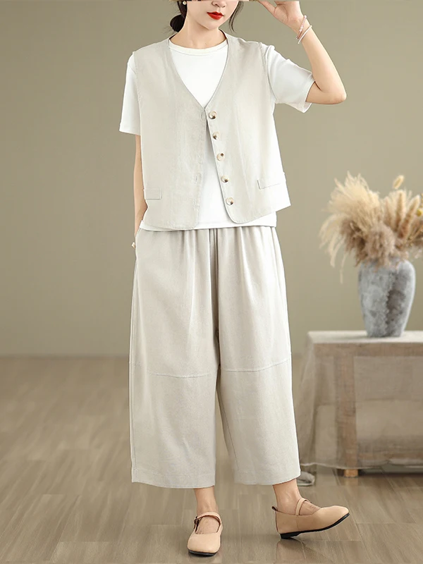 Modny komplet z czystej bawełny i lnu: top na ramiączkach z dekoltem w serek zapinany na guziki i spodnie o prostych nogawkach o długości 7/8 lub szerokich nogawkach, styl casual, dwuczęściowy...