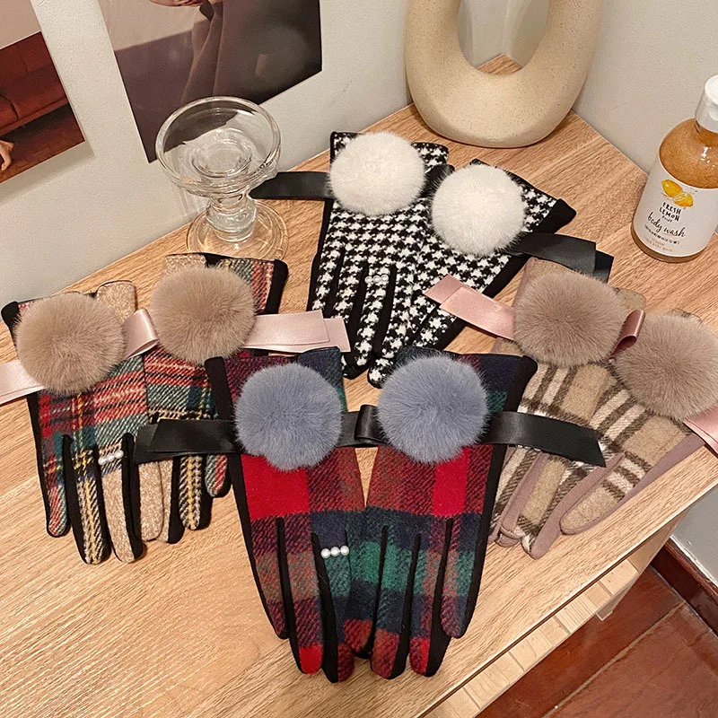 女性用チェック柄冬用手袋赤オレンジ黒緑チェック柄手袋豪華な裏地タッチスクリーン