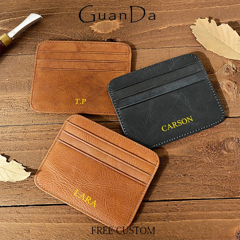 Custom Name Genuine Leather Card Wallet Engrave Initials Round Edge Slim Card Holder Luxury Design Woman Man Business Card Bag