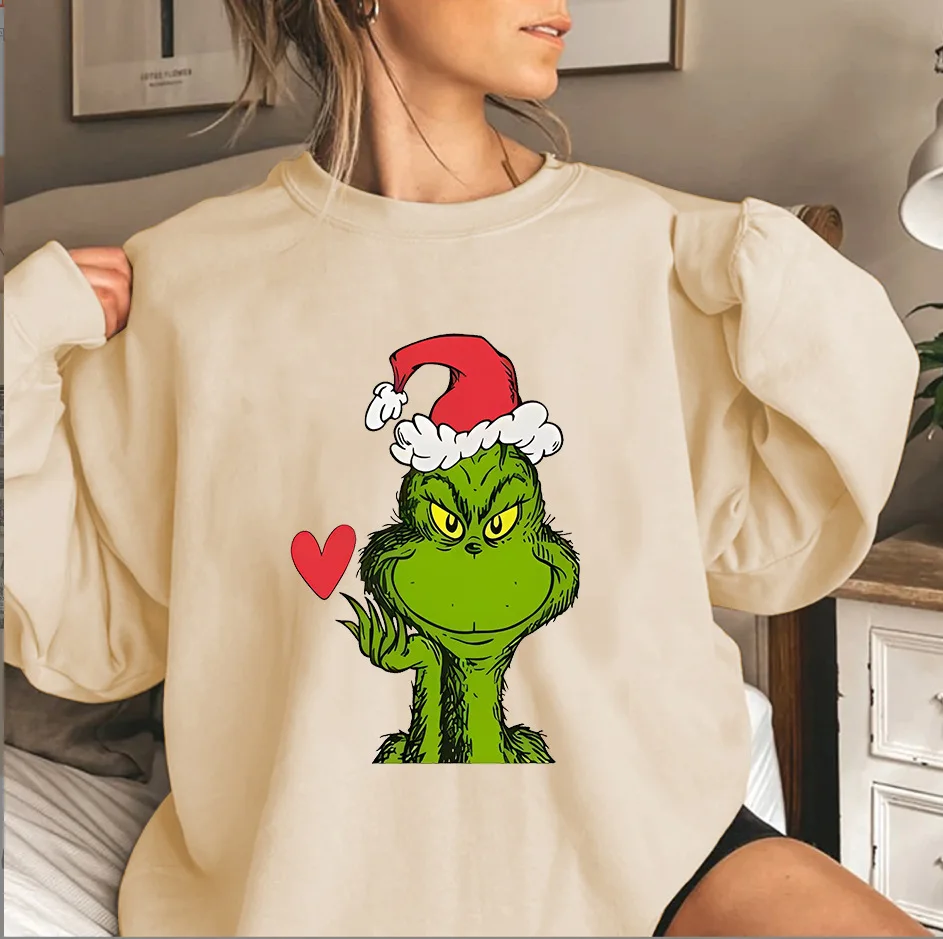 حار بيع الموسم الحجم الأوروبي الأخضر غرينش عيد الميلاد سترة جولة الرقبة المطبوعة قبعة قميص ألياف البوليستر عارضة فضفاض...