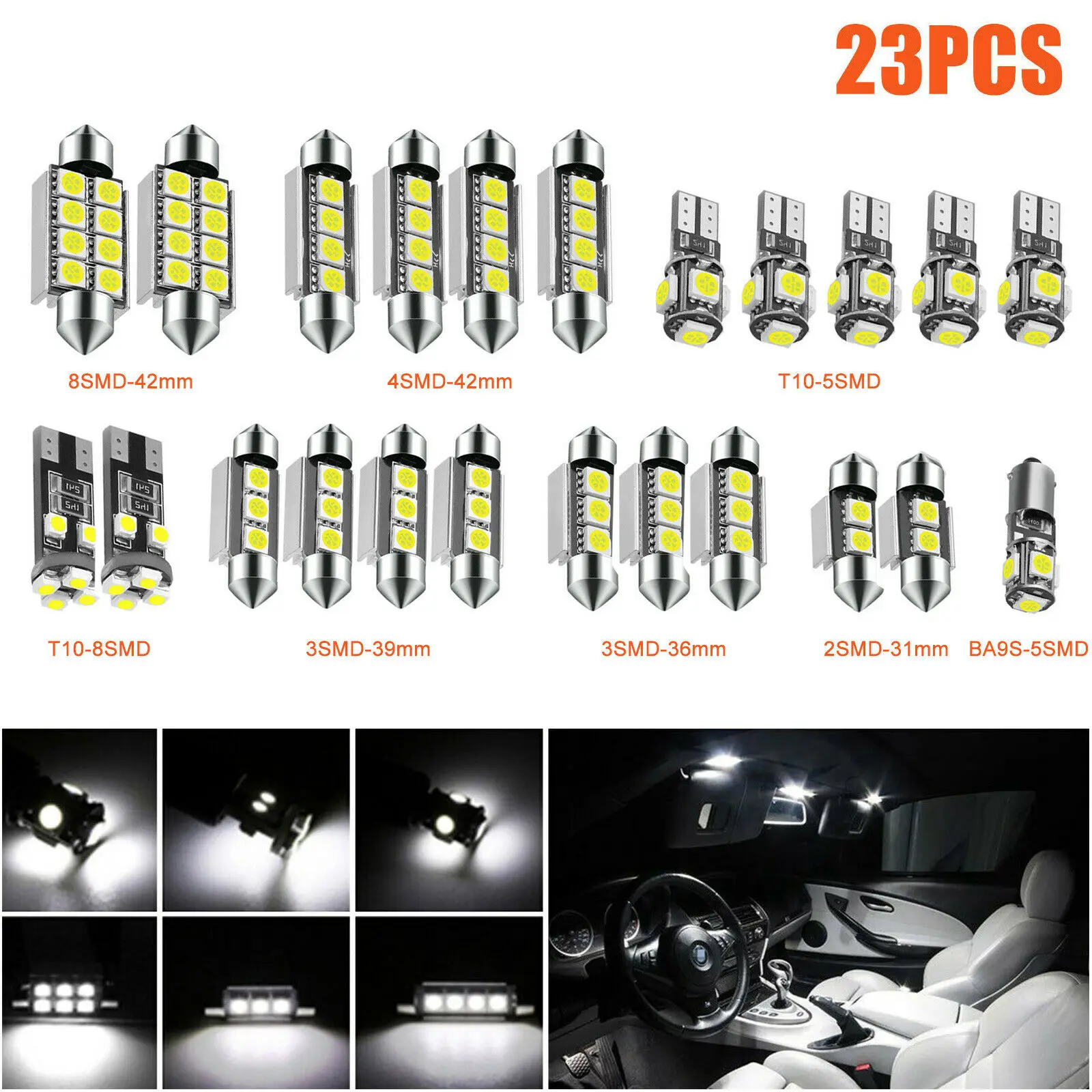 23Pcs T10 5050รถ LED หลอดไฟภายในโดม Trunk ป้ายทะเบียนรถชุดโคมไฟสีขาวสำหรับ Bmw E53 E60 E90หลอดไฟ LED