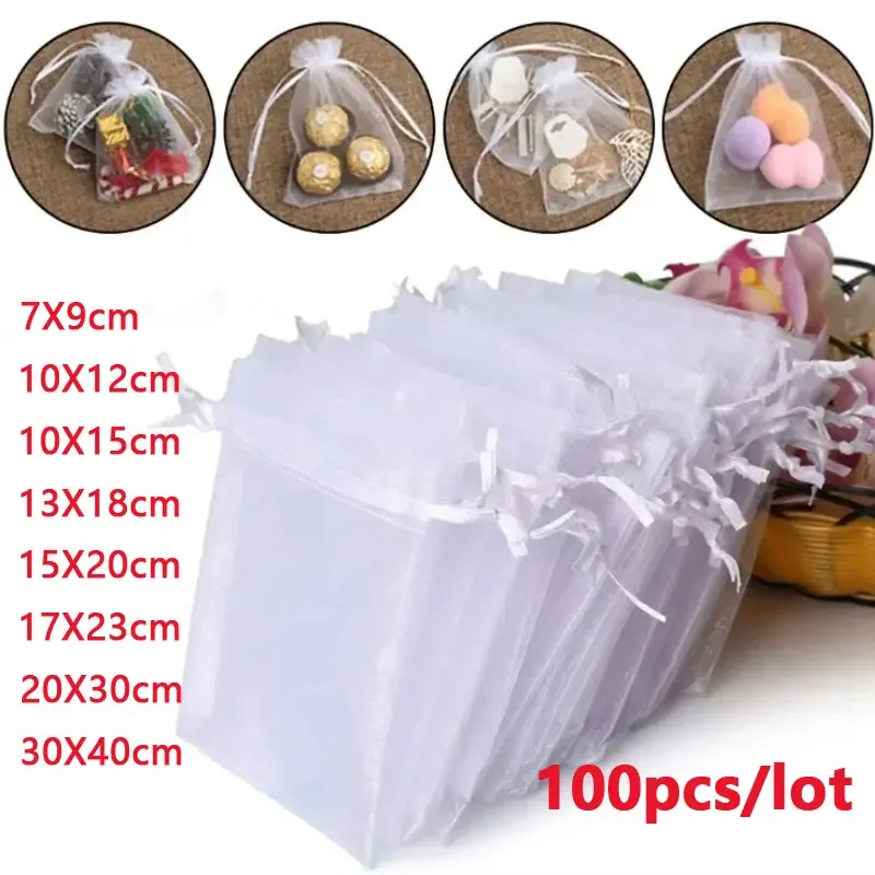 

100Pcs/lot 7x9 9x12 10x15 13x18CM Organza Bags Jewelry Bag Wedding Party Decoration Drawable Bags Pouches Jewelry Packaging