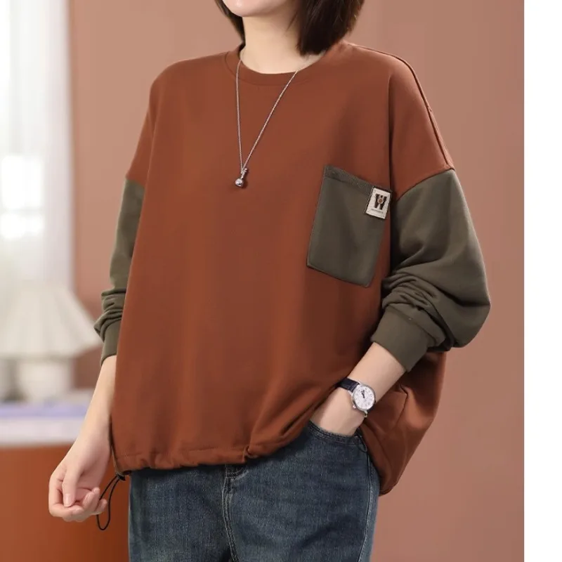 Women\'s Korean Casual Round Neck Hoodies Color-blocked Long Sleeve Autumn Winter 2023 Fashion Patchwork Pocket Pullover Tops