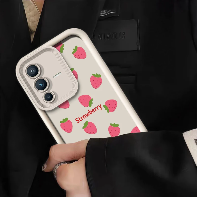 Silicone Phone Case For Vivo V70 FE V60 Lite V30 SE V30E V29 V27E V25 V23 V50 V40 Pro Strawberry Pattern Shockproof Soft Cover view 3