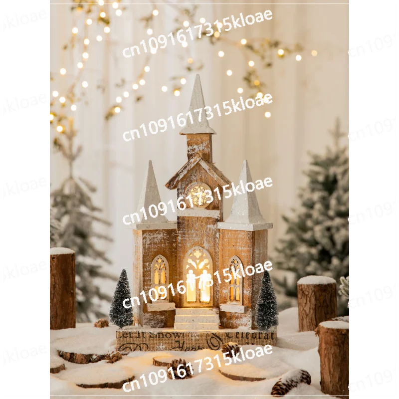 New Christmas ideas, snow house luminous wooden house ornaments, shopping mall windows