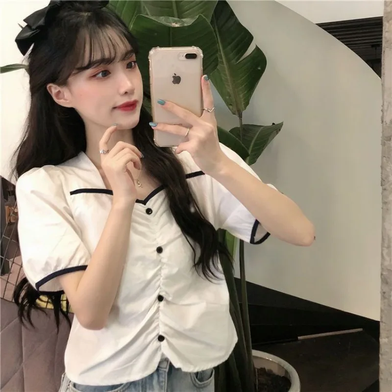 

Short Sleeve Shirts Women Pleated Button-up Loose Casual Tops Comfortable Preppy Style Fashion All-match Square Collar Girlish