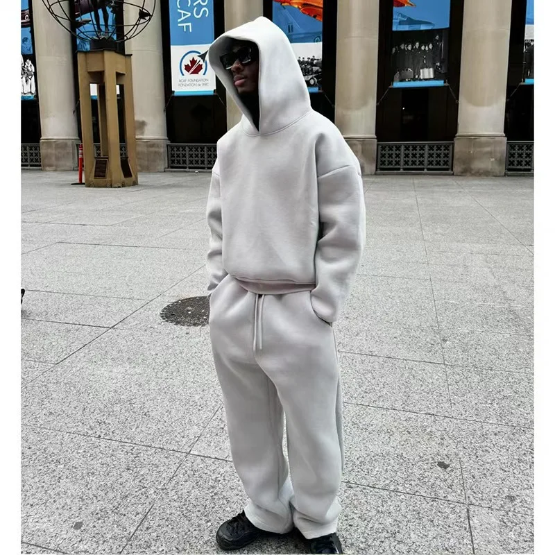 سويت شيرت رجالي كبير الحجم بلون سادة، سويت شيرت Y2K عالي الجودة مكون من قطعتين، بنطال كاجوال مستقيم الساق، ملابس خروج للزوجين