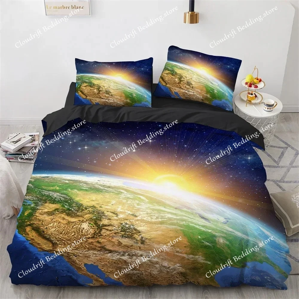 Galaxy Planet King Queen Duvet Cover Universe Sky Bedding Set 3D Blue Earth Outer Space Astronomy Polyester Quilt Cover