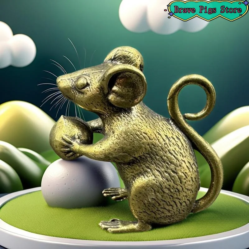 Copper Cute Mouse Peach Miniatures Figurines Tea Pet Table Ornament Crafts Brass Animal Rat Statue Home Decorations Accessories