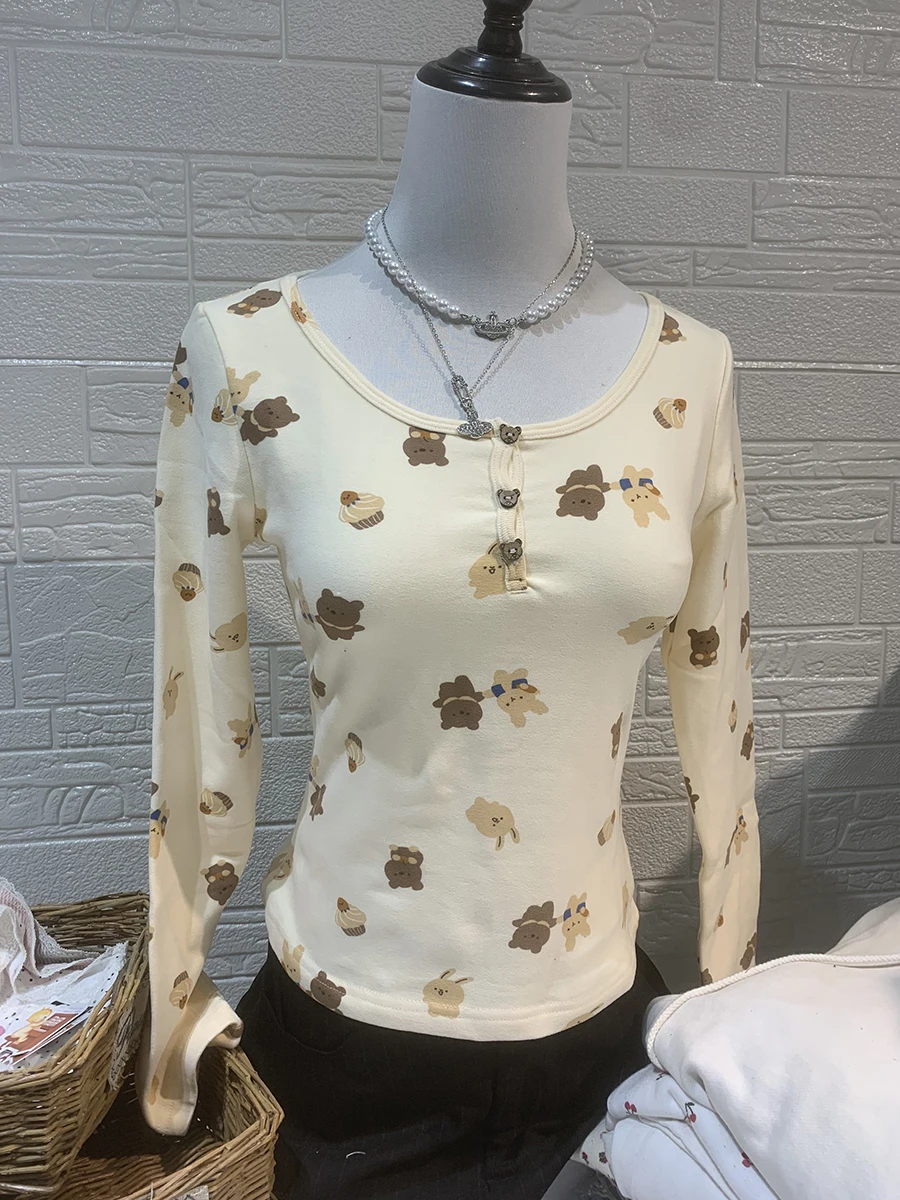 

Милые футболки с длинными рукавами и мультяшным принтом, женские осенние хлопковые тонкие футболки с круглым вырезом и тремя пуговицами, милые домашние футболки, пижамы