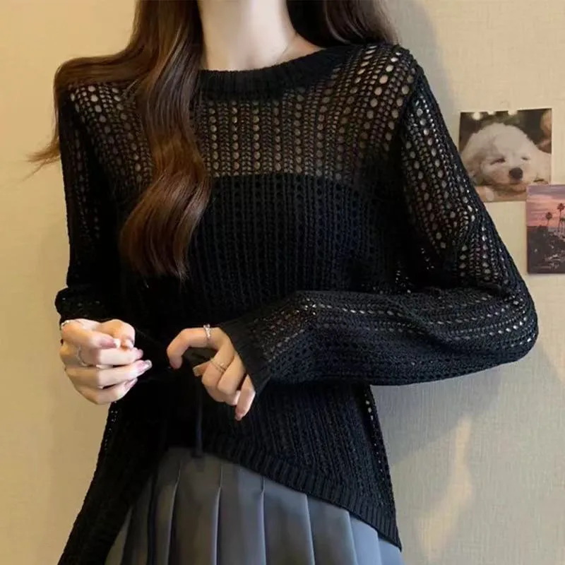 Summer New Hollow Long-Sleeved Sweater Women's Thin Waist Slim Sunscreen Blouse Irregular Loose Top