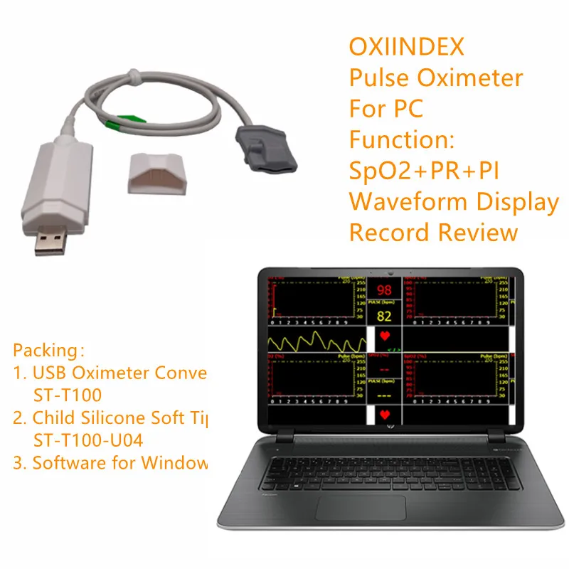 Portable PC Based USB Pulse Oximeter Oximetry SpO2 Sensor For Adult Child Neonate Animal Veterinary Clip with Computer Software