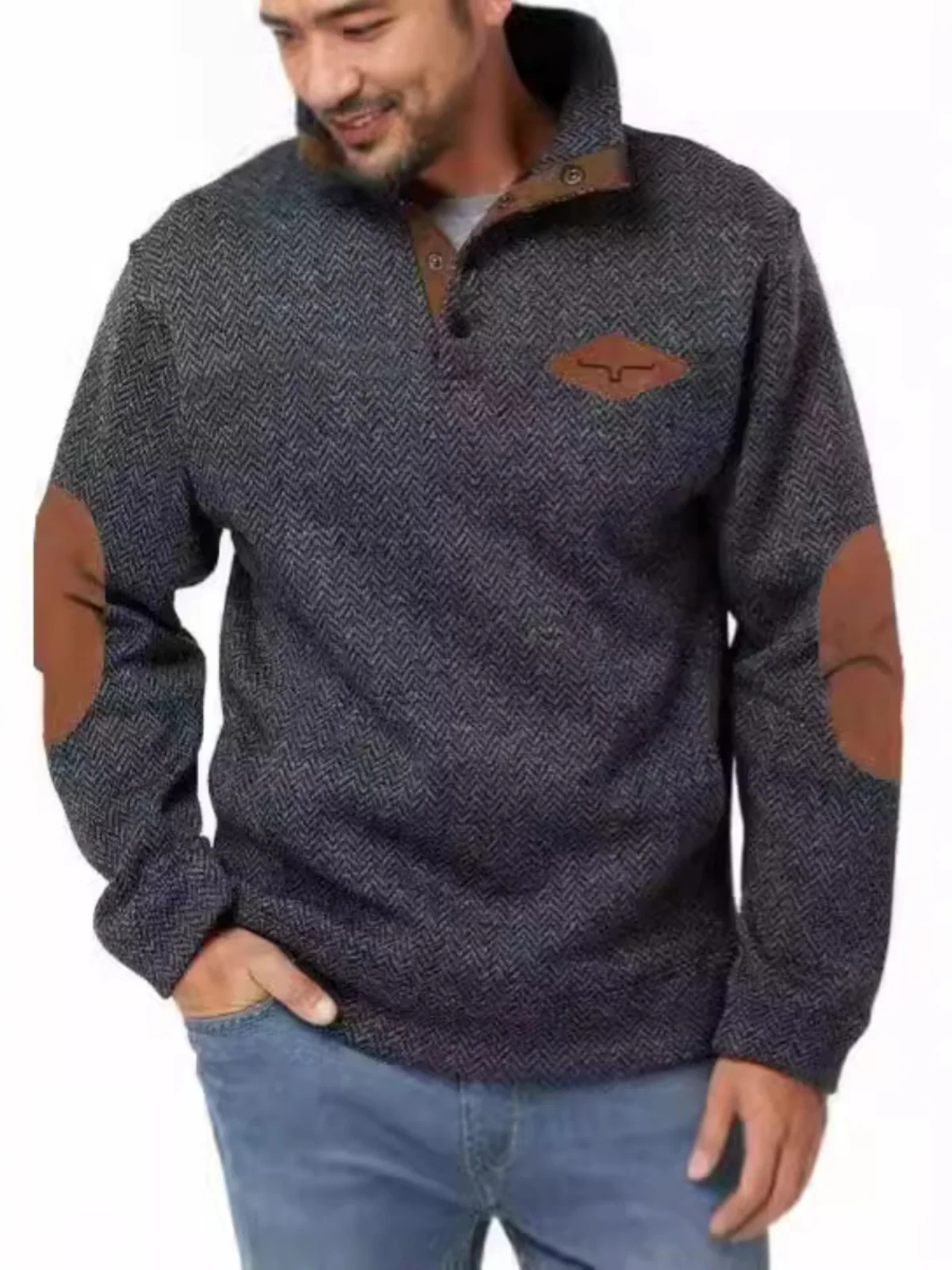 

Original Design Western Patchwork Men's Shirt Geometric Pattern Henry Patch Youth Casual Long Sleeve Fashion Top