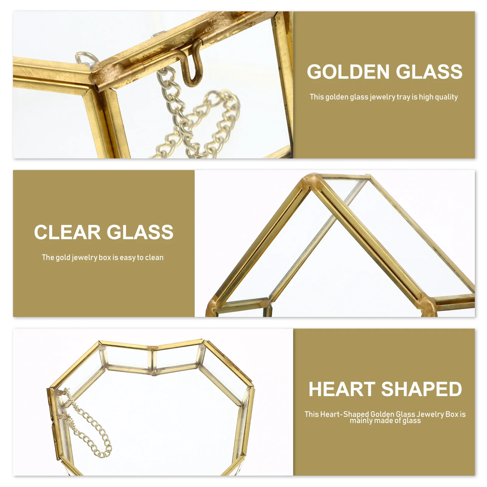 Glass Jewelry Box Heart Shaped Gold Brass Frame Small Jewelry Organizer Wedding Keepsake Display Tray Glass Box