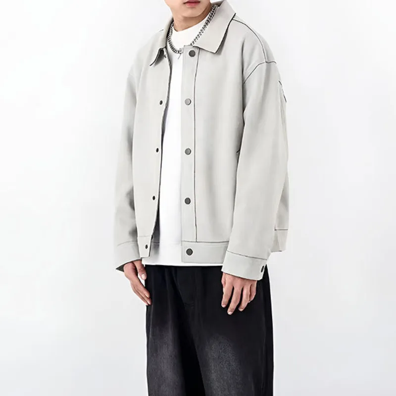2025 Men's Spring and Autumn New Suede Jacket Fashionable Loose Multi functional Casual Versatile Simple Solid Color Collar Coat