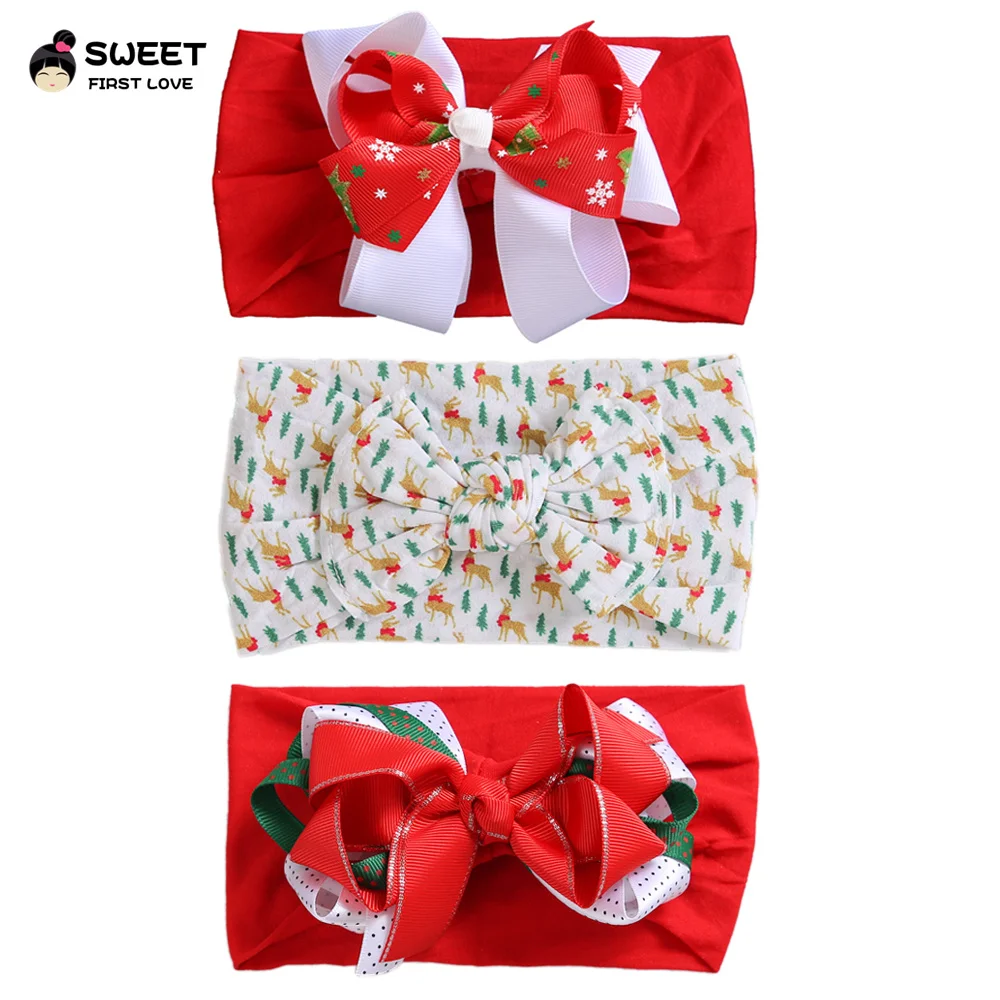 Christmas Baby Headband for Girls Children Elk Red Bows Turban for Babies Soft Nylon Kids Headwear Fashion Hair Accessories