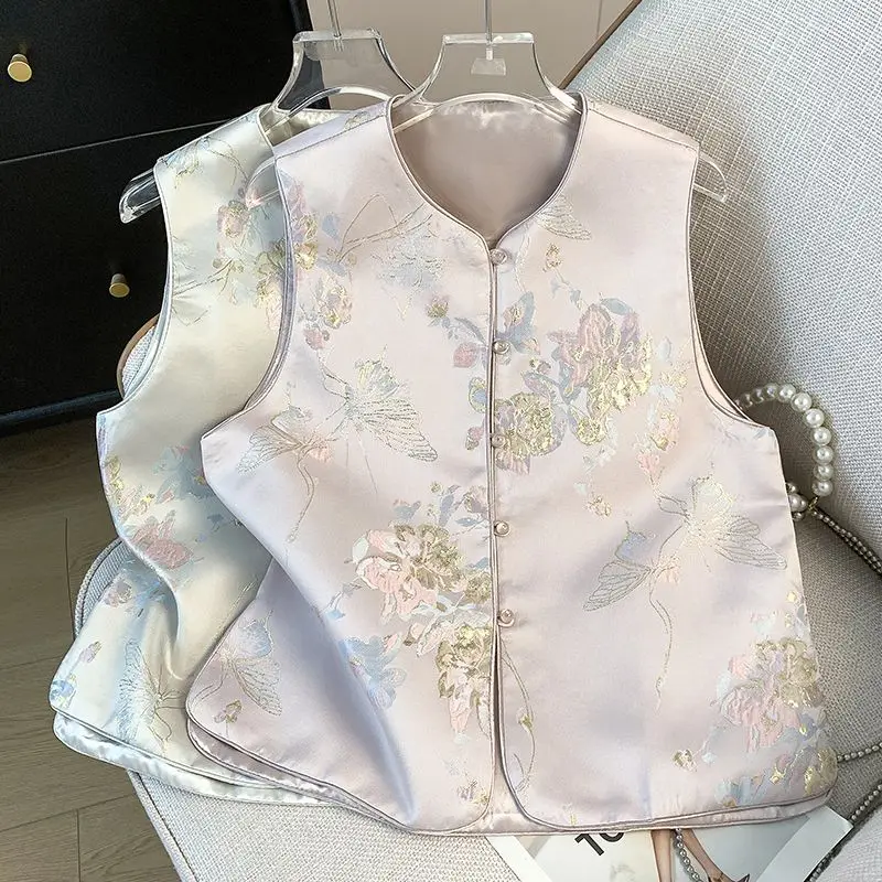 

2025 Spring Summer Women Dobby Floral Chinese Style Vintage Sleeveless Vest Coat , Woman Clothing Jacquard Butterfly Vests Coats