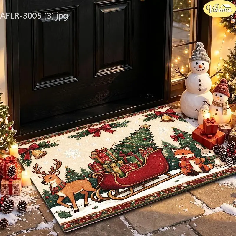 VIKAMA Deer Sleigh Fox Bunny Pine Tree Crystal Velvet Entry Rug Non Slip Floor Pad for Xmas Warm Cozy Decorative Home Decor