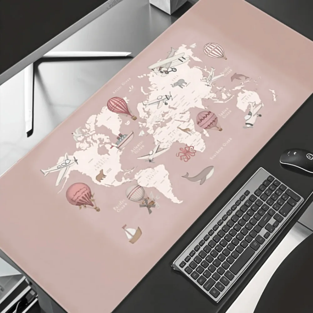 CIFBUY Large Mouse Pad Rubber Non Slip Gaming Desk Mat Pink World Map Travel Airplane Balloon Office Laptop Protector Accessory