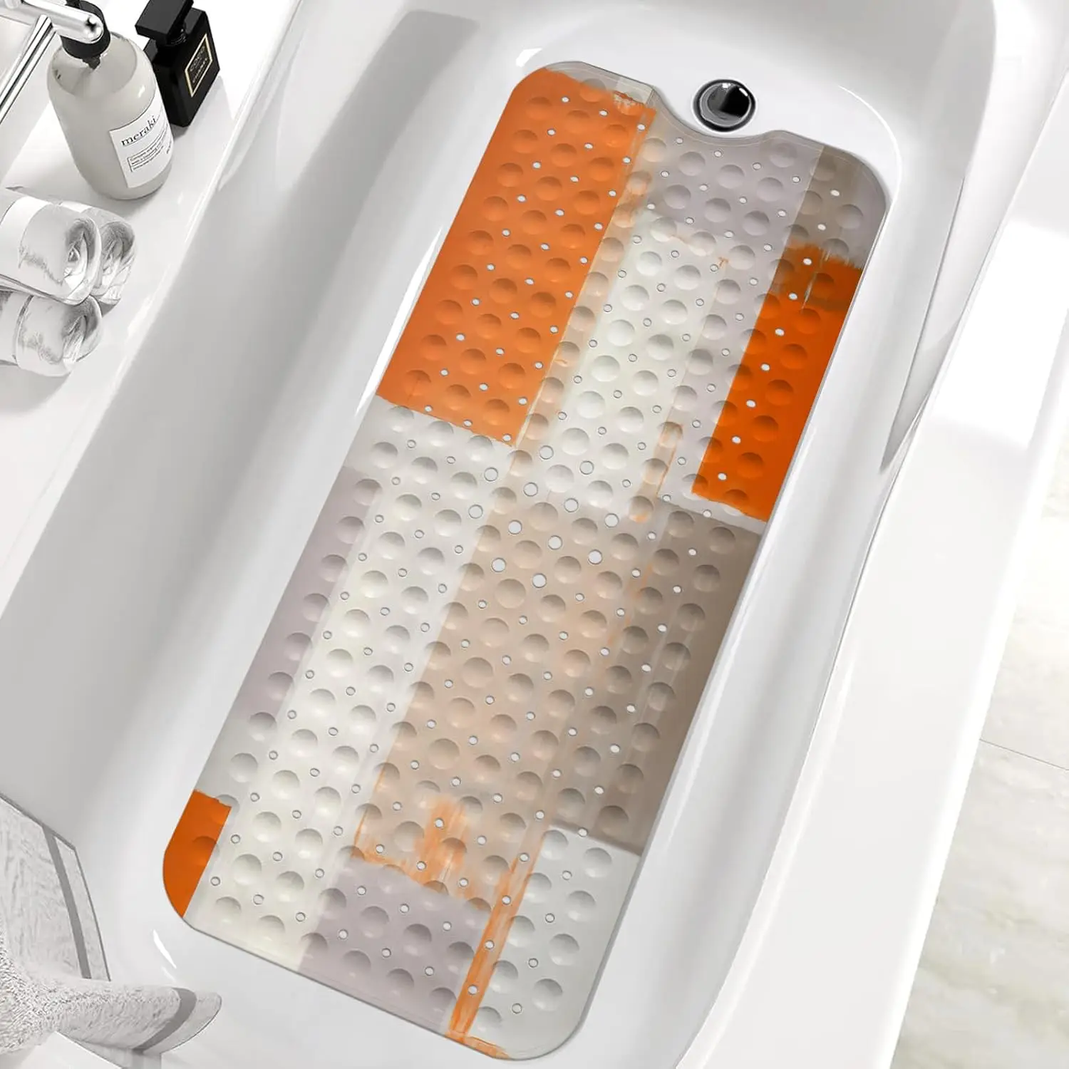 

Non Slip Bath Tub Mat, Abstract Shower Mat with Drain Holes & Suction Cups, 40x16 Inch, Orange Grey, Washable