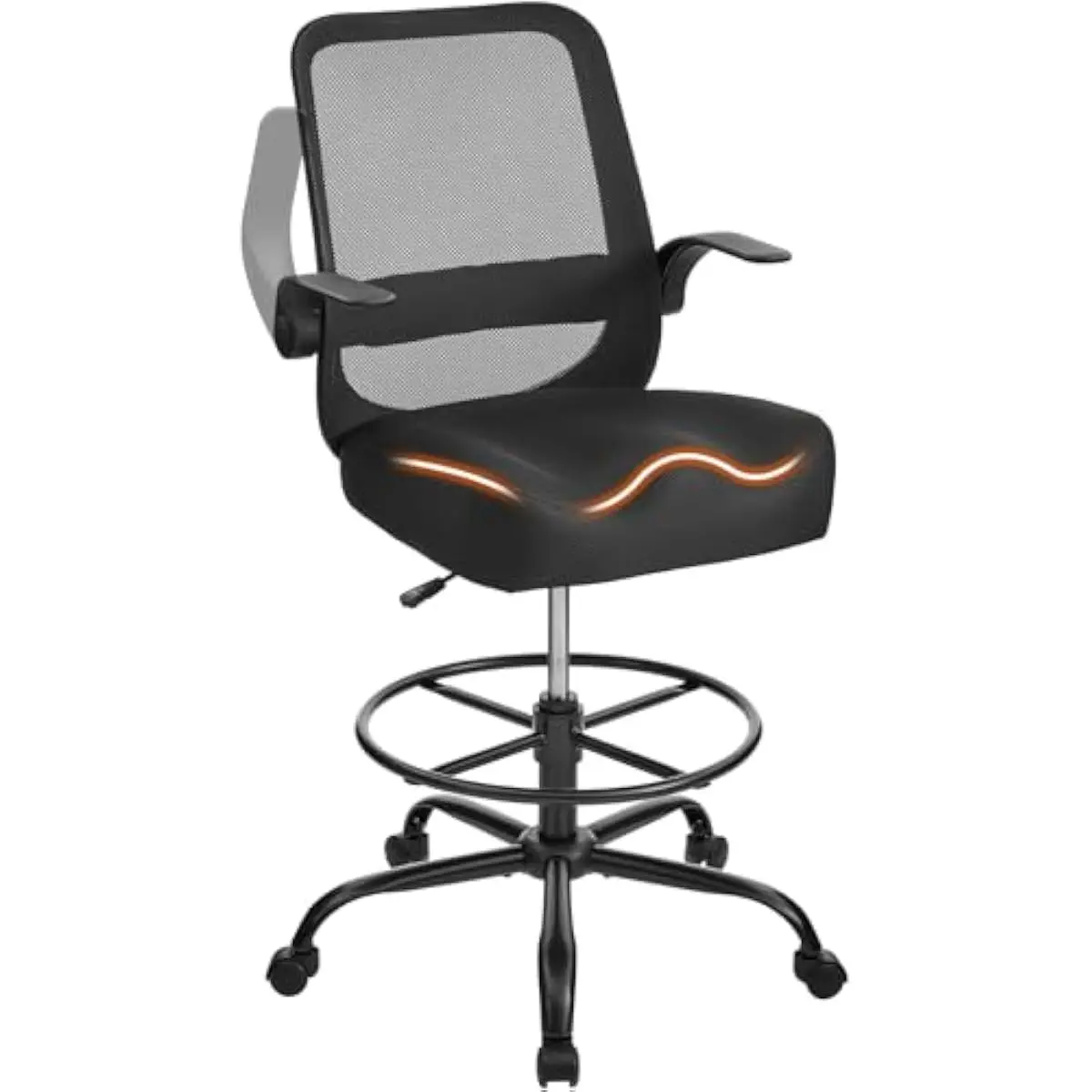 Ergonomic tall drafting seat with 500 lb support, height-adjustable frame, contoured 5.12 inch cushion, breathable mesh back, mo