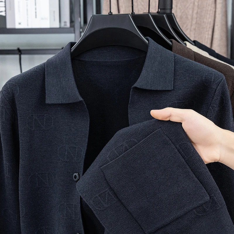 Men's Luxury Knitted Cardigan Long Sleeve Lapel Button down Sweater Solid Color Autumn Winter Fashion Casual Classic Men's Wear